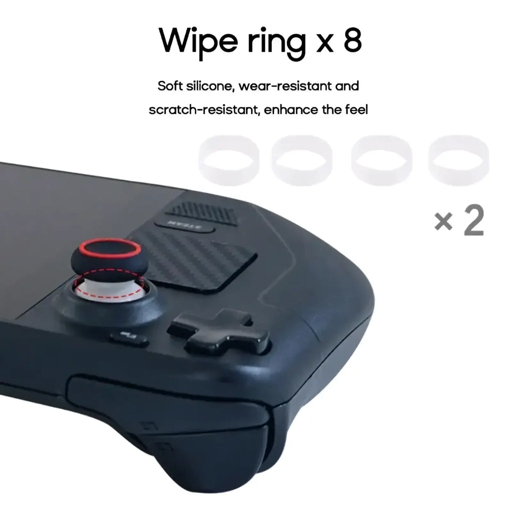 Black gaming controller with red-accented joystick grip rings in a steam deck dust filters and protection accessories set