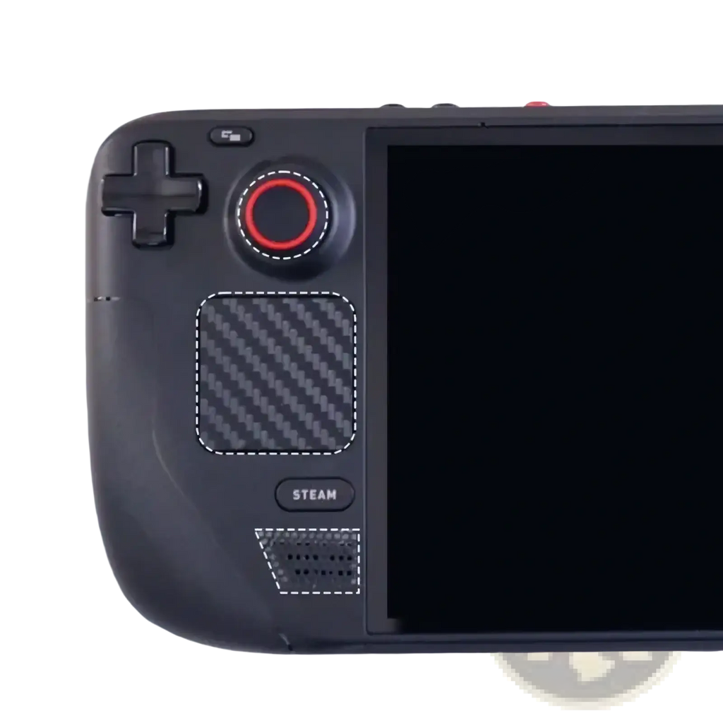 Black steam deck handheld gaming console with red-accented analog stick and carbon fiber textured left panel with steam button