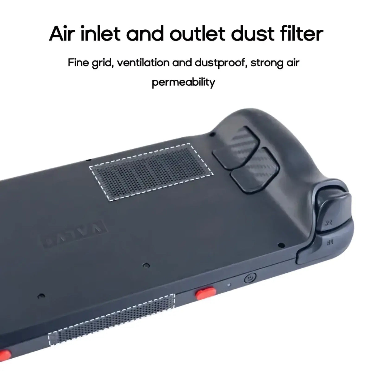 Black plastic steam deck dust filter with red accent buttons and fine grid on the back side for protection accessories set