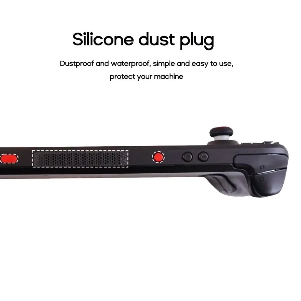 Black silicone dust plug with red accents for steam deck designed to protect gaming consoles from dust and moisture