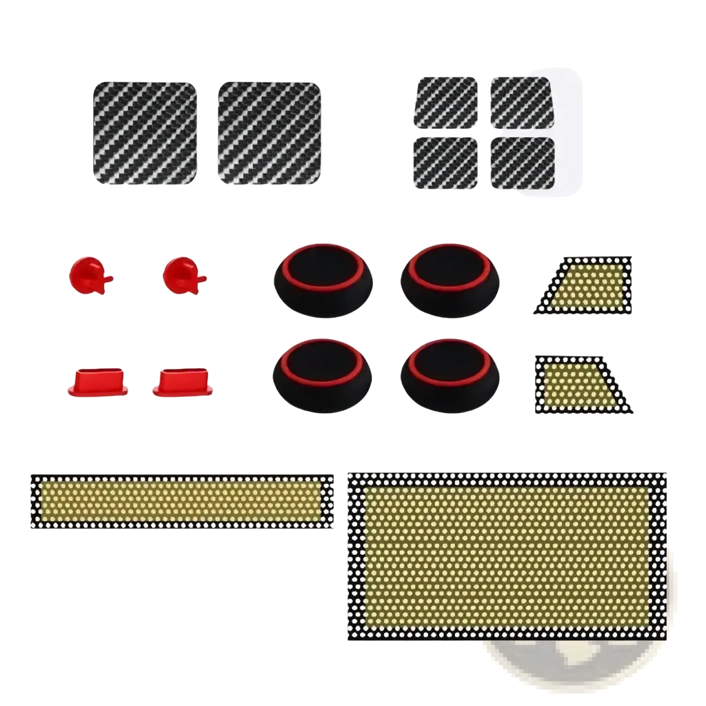 Steam deck dust filters and protection accessories set showing black and red silicone grip caps with textured carbon-fiber backing