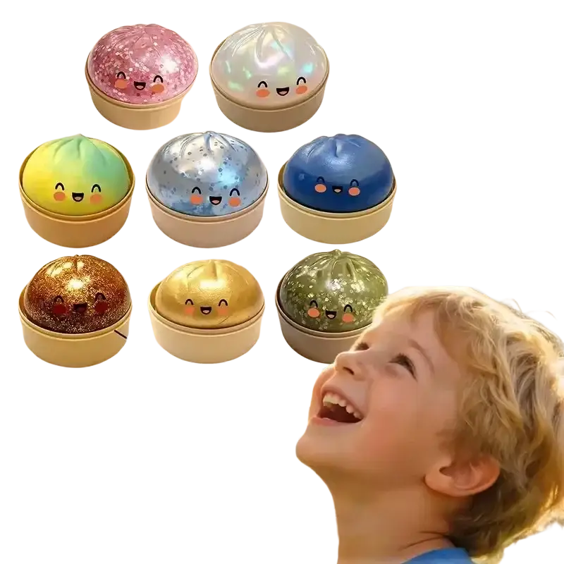 Colorful glittery steamed bun squeezing toys with cute faces in a steamer container for stress relief