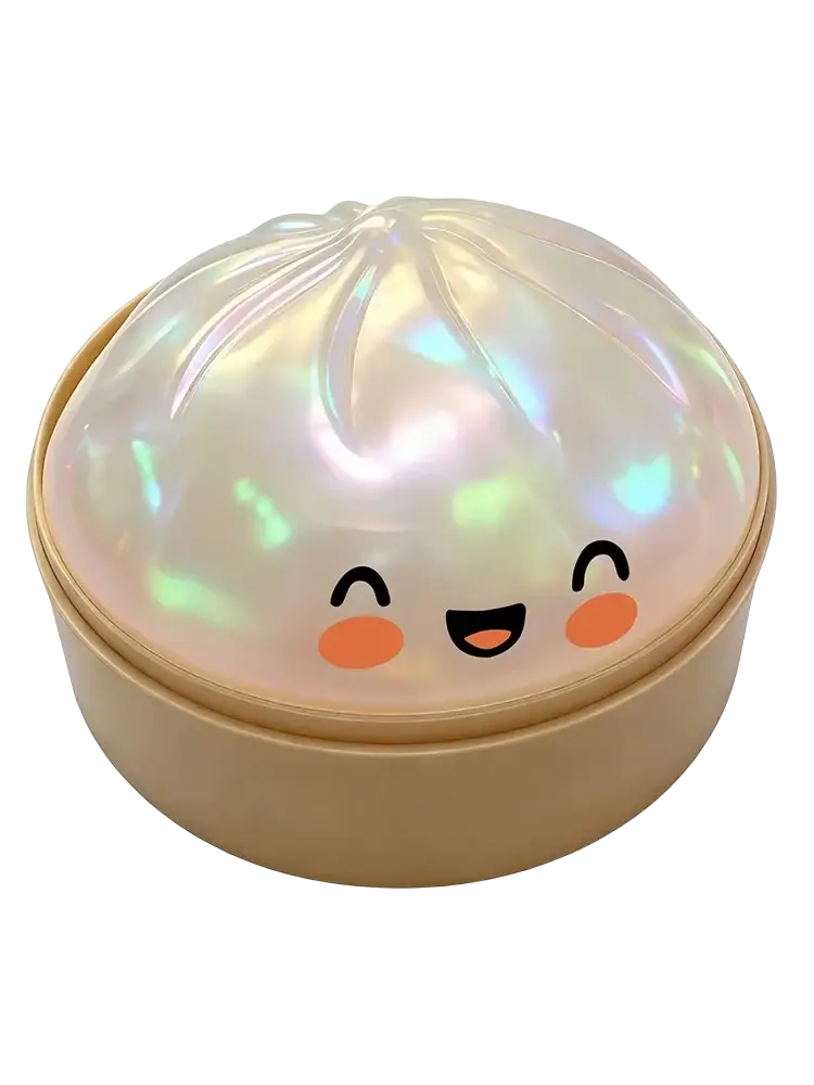 A cute iridescent steamed bun squeezing toy with smiling face and rosy cheeks in a steamer container