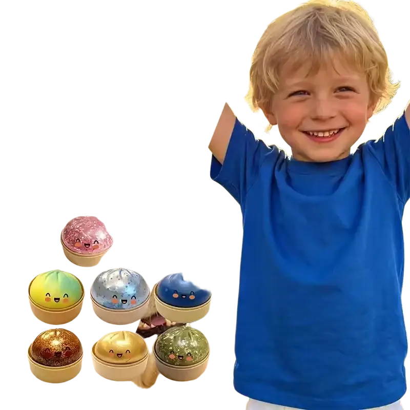 Cute round steamed bun squeezing toy with smiling face and iridescent finish in steamer container colors pink blue gold green