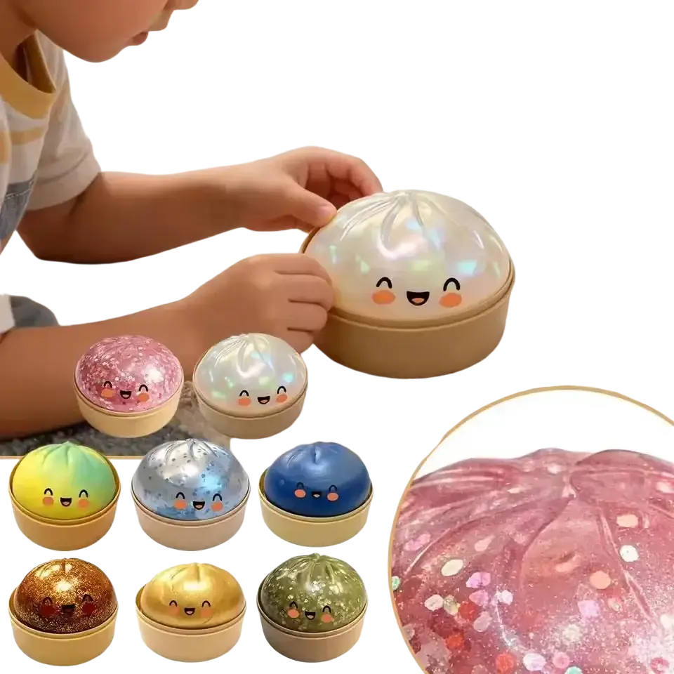 Cute translucent dome-shaped steamed bun squeezing toy with smiling face and glittery steamer container interior