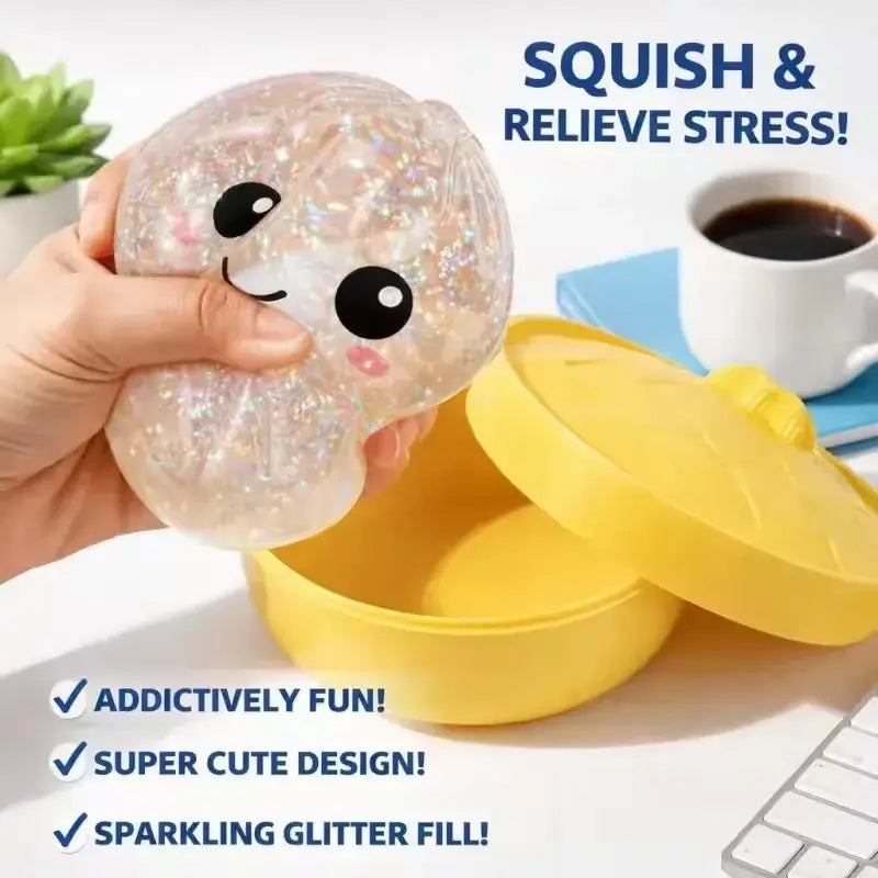 A transparent glitter-filled steamed bun squeezing toy with a cute face and steamer container design