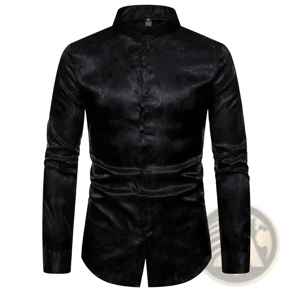 Black satin long-sleeved steampunk floral dress shirt for men with embossed pattern and mandarin collar