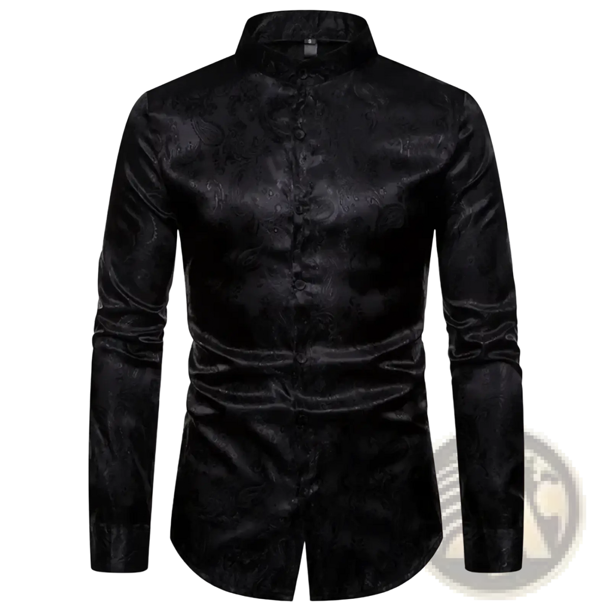 Black satin long-sleeved steampunk floral dress shirt for men with embossed pattern and mandarin collar