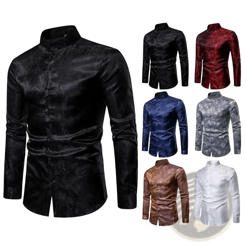 Black velvet steampunk floral dress shirt for men with mandarin collar and intricate floral embroidery