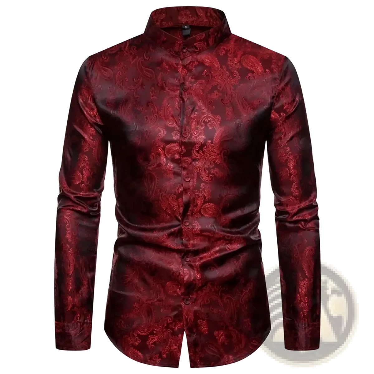 Btsukimi steampunk floral dress shirt for men in burgundy satin fabric with intricate paisley pattern long sleeves