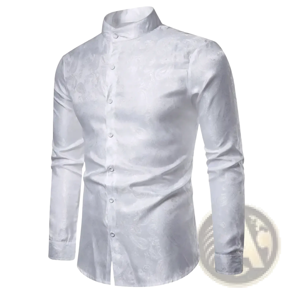 Steampunk floral dress shirt for men in white satin with a subtle paisley pattern and a stand-up collar