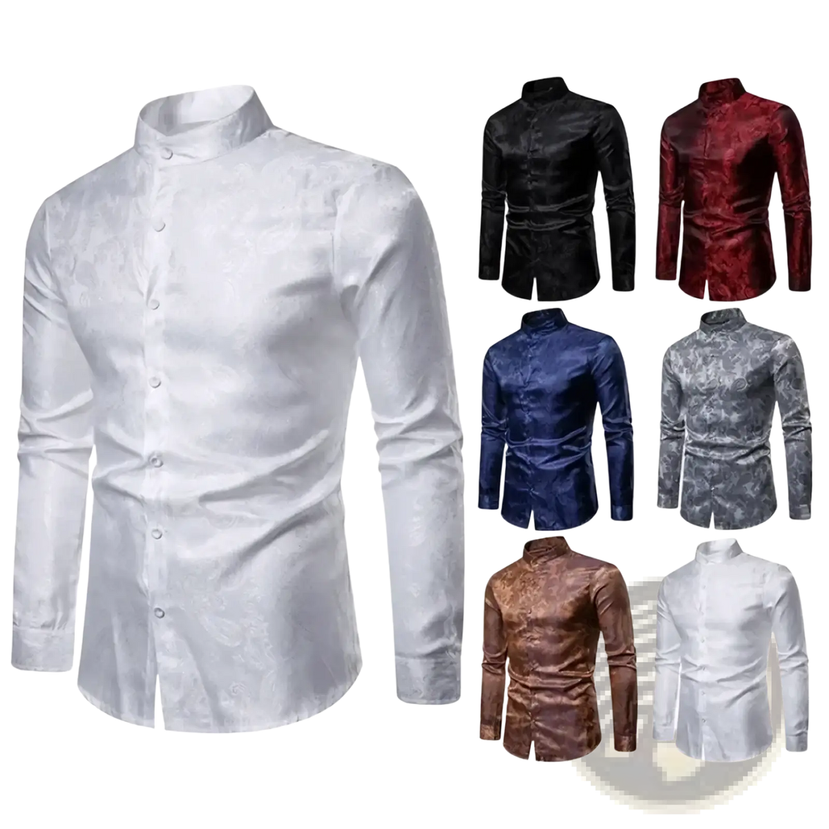 White satin steampunk floral dress shirt for men with long sleeves, subtle floral pattern, and mandarin collar