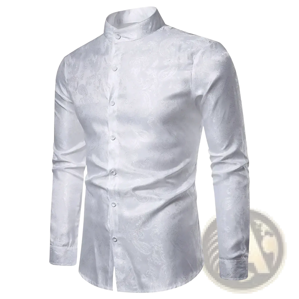 White men’s long-sleeved steampunk floral dress shirt with subtle paisley pattern and stand-up collar