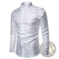 White men’s long-sleeved steampunk floral dress shirt with subtle paisley pattern and stand-up collar