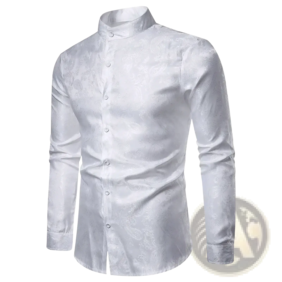 White men’s long-sleeved steampunk floral dress shirt with subtle paisley pattern and stand-up collar