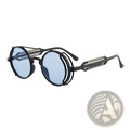 Steampunk round sunglasses with black metal frame light blue tinted lenses and riveted detailing with double spring legs