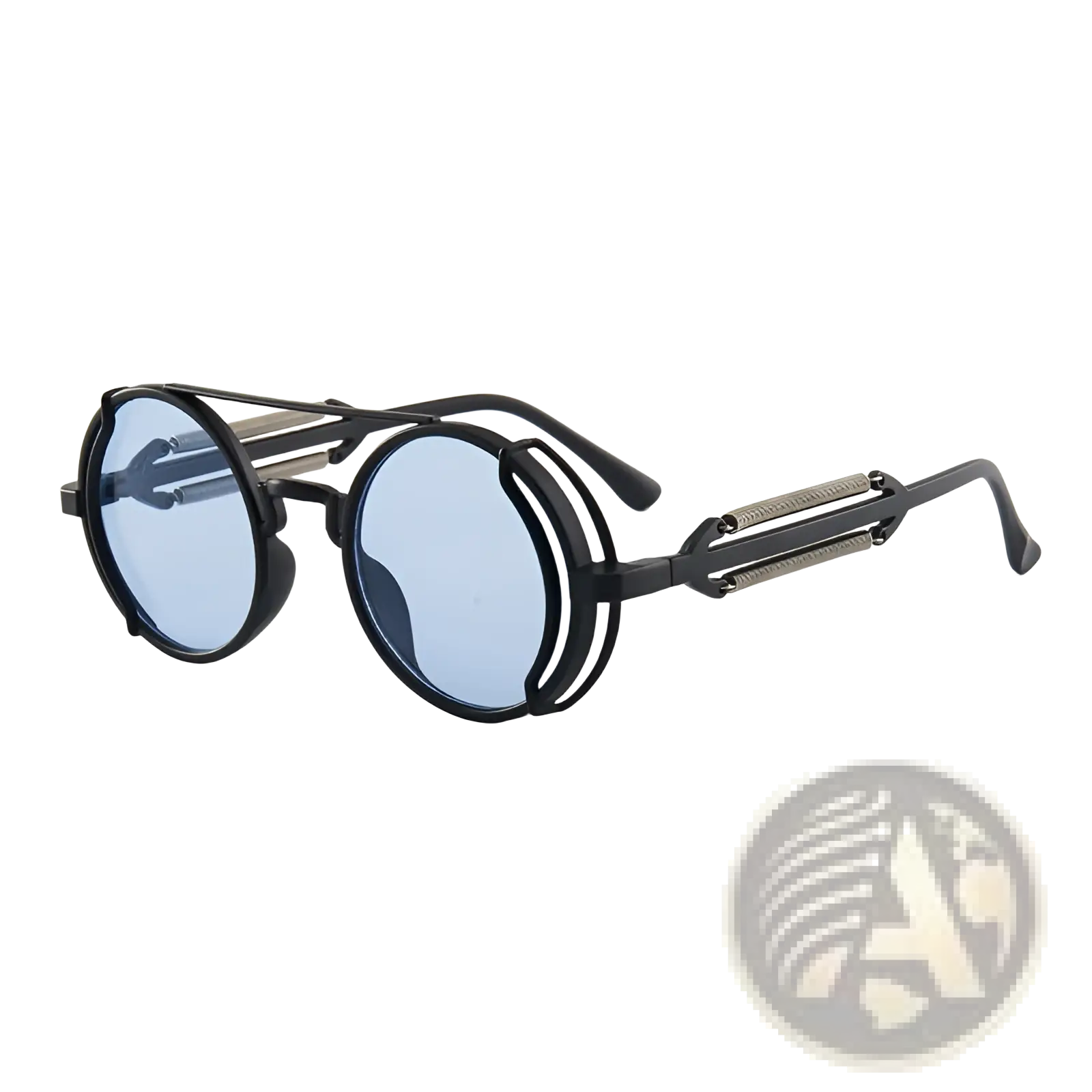 Steampunk round sunglasses with black metal frame light blue tinted lenses and riveted detailing with double spring legs