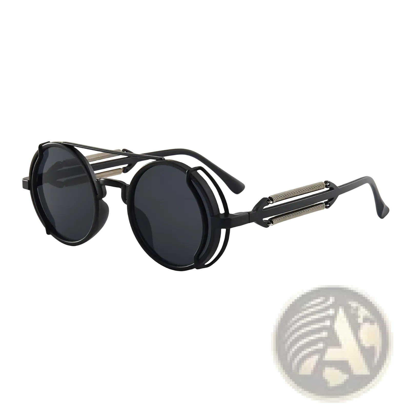 Black round-framed steampunk round sunglasses with dark lenses and metallic accents on double spring legs