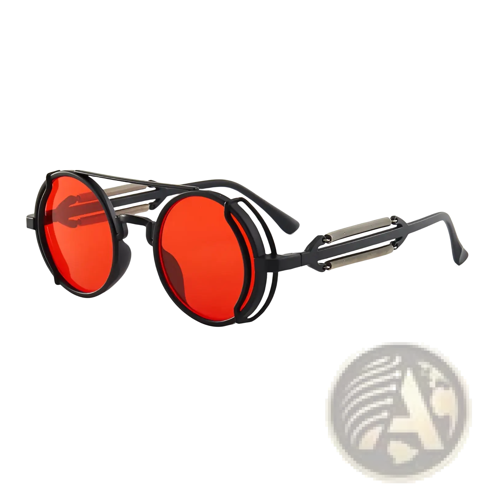Steampunk round sunglasses with black frames red lenses and metallic accents featuring double spring legs