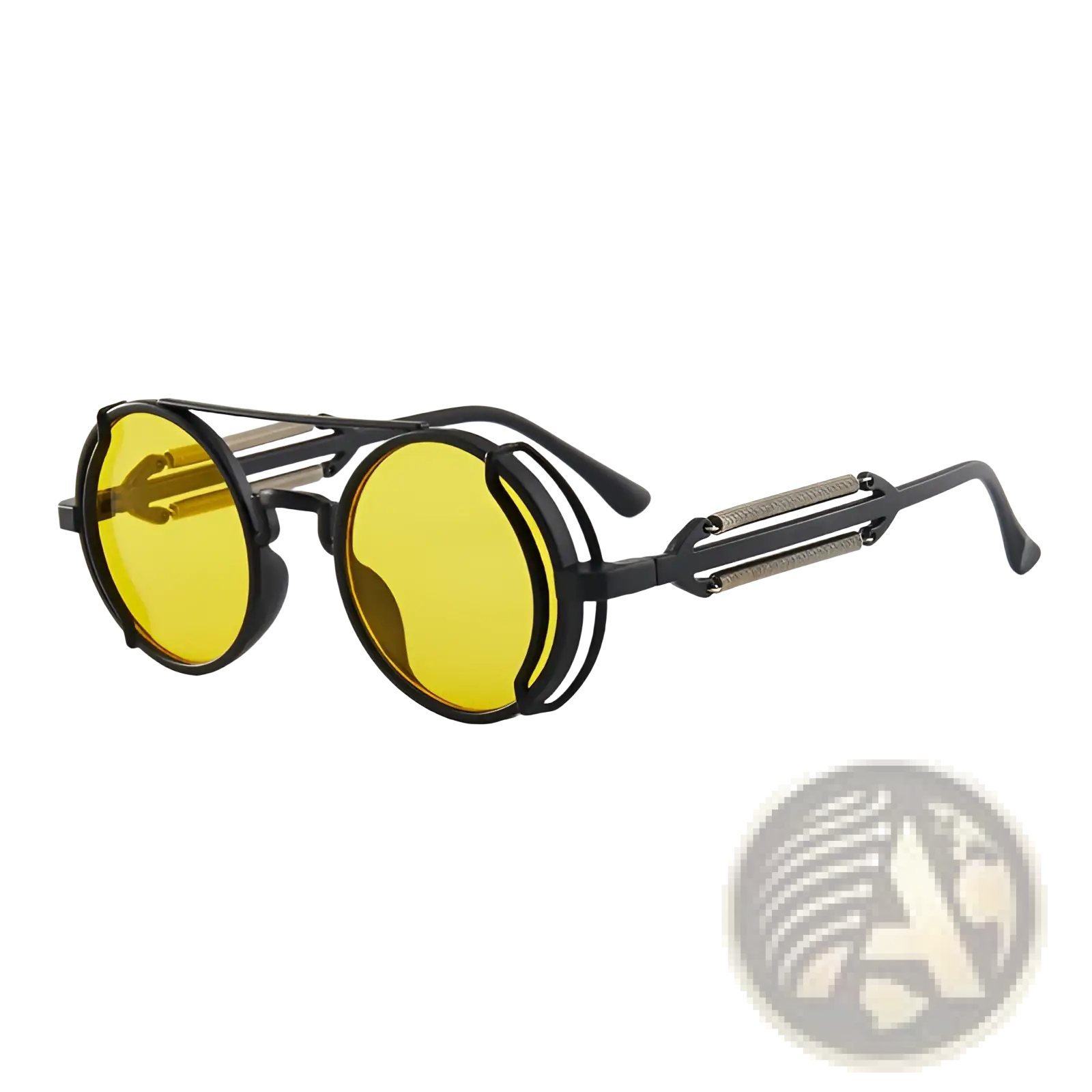Steampunk round sunglasses with black frames vibrant yellow lenses and metallic accents on double spring legs temples