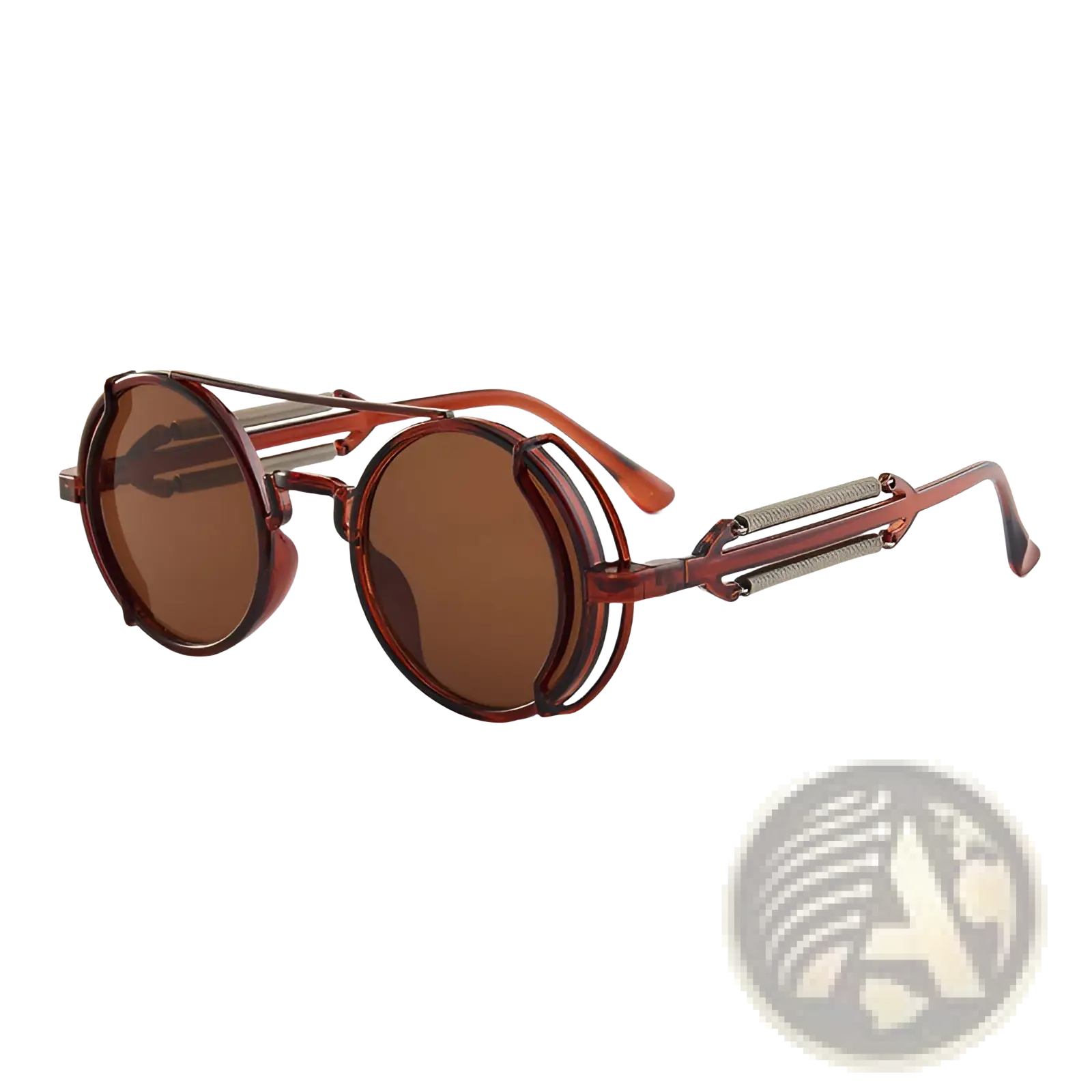 Steampunk round sunglasses with translucent amber frames metallic accents and double spring legs in brown color