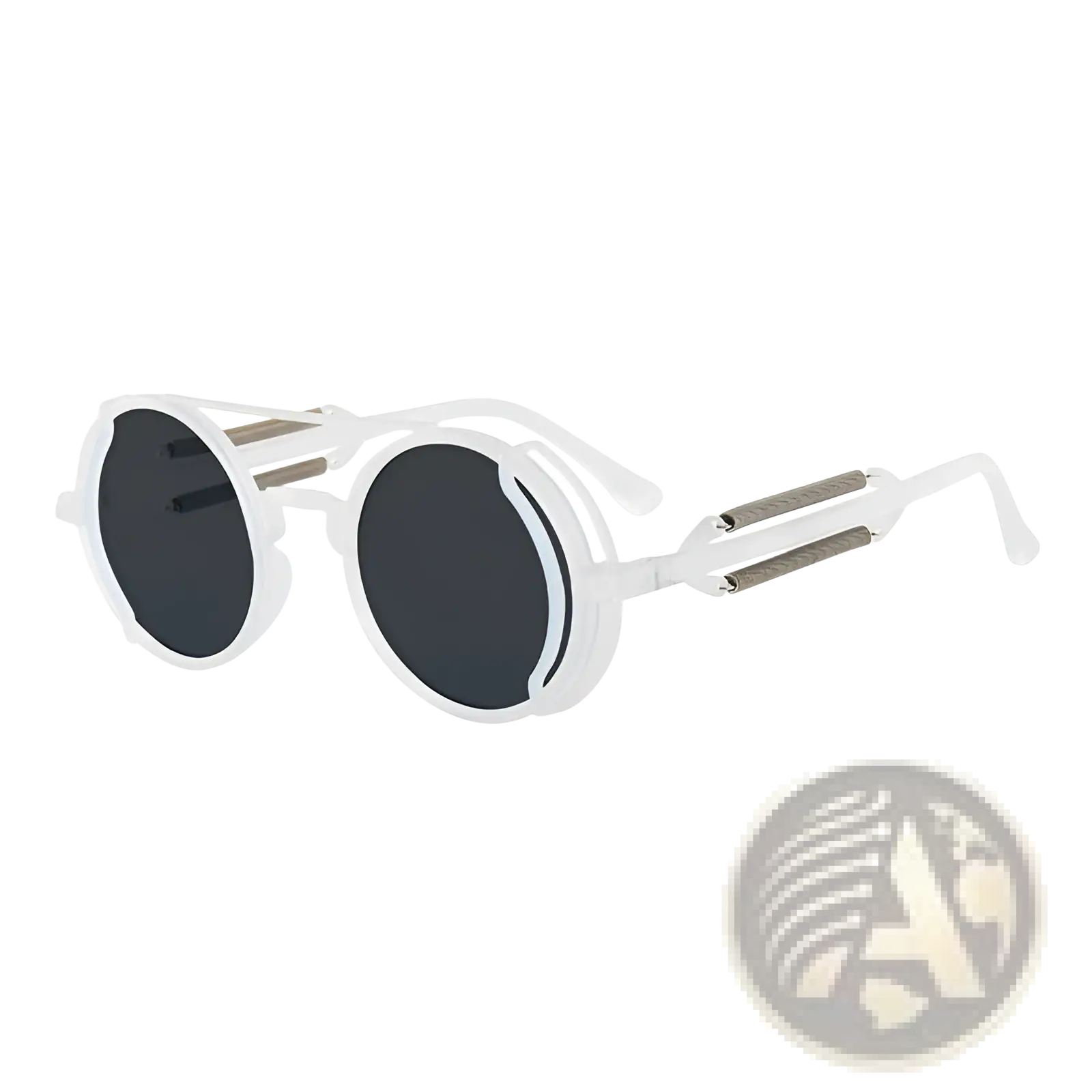 Steampunk round sunglasses with white round frames, dark lenses, and metallic mesh accents on the temples