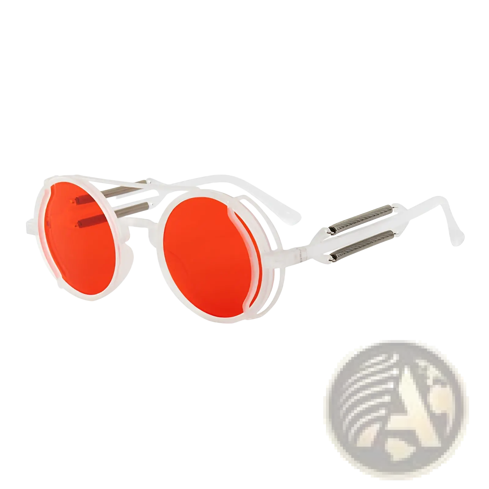 Steampunk round sunglasses with white frames, vibrant orange lenses, and metallic accents on double spring legs