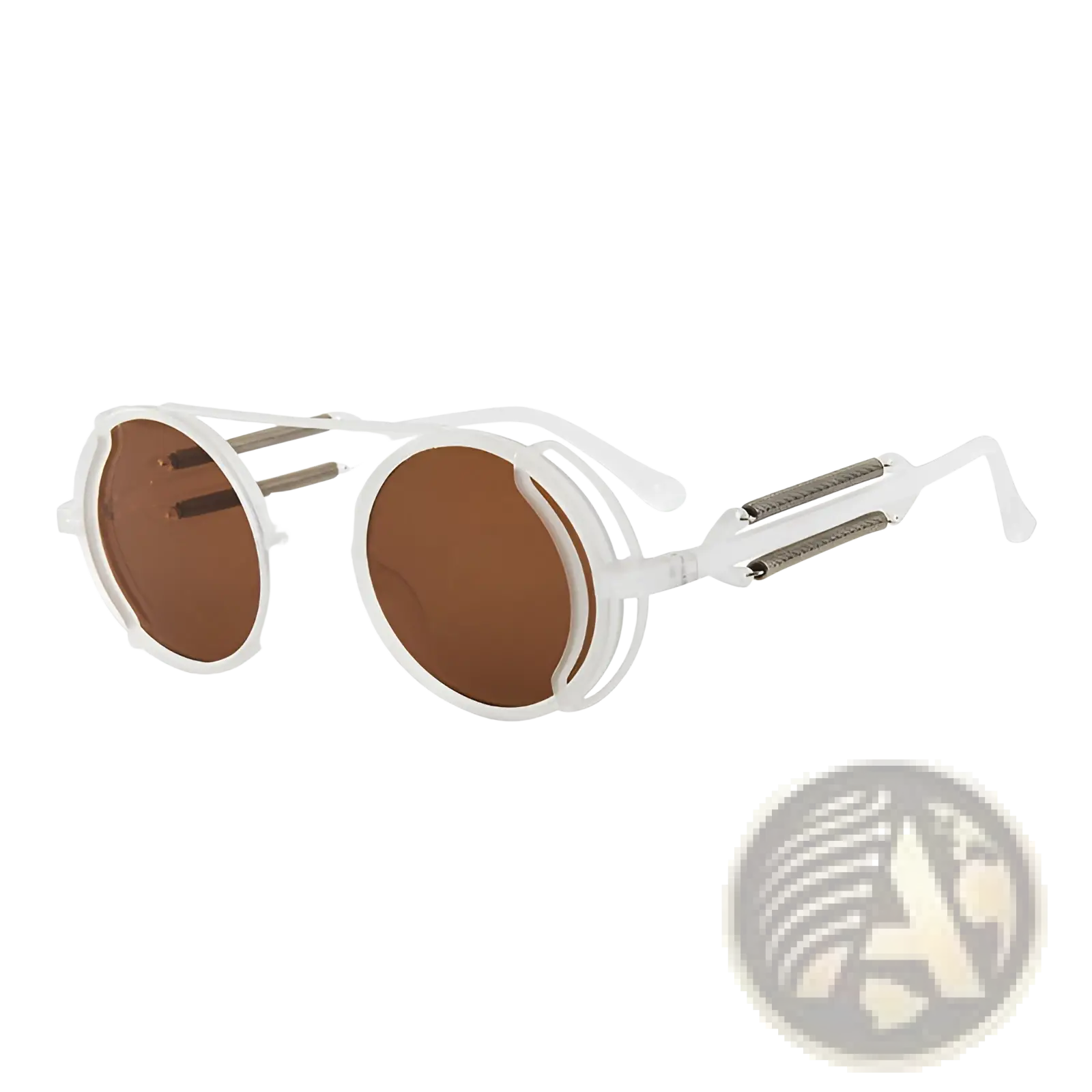 White-framed steampunk round sunglasses with brown lenses and metallic accents on double spring legs