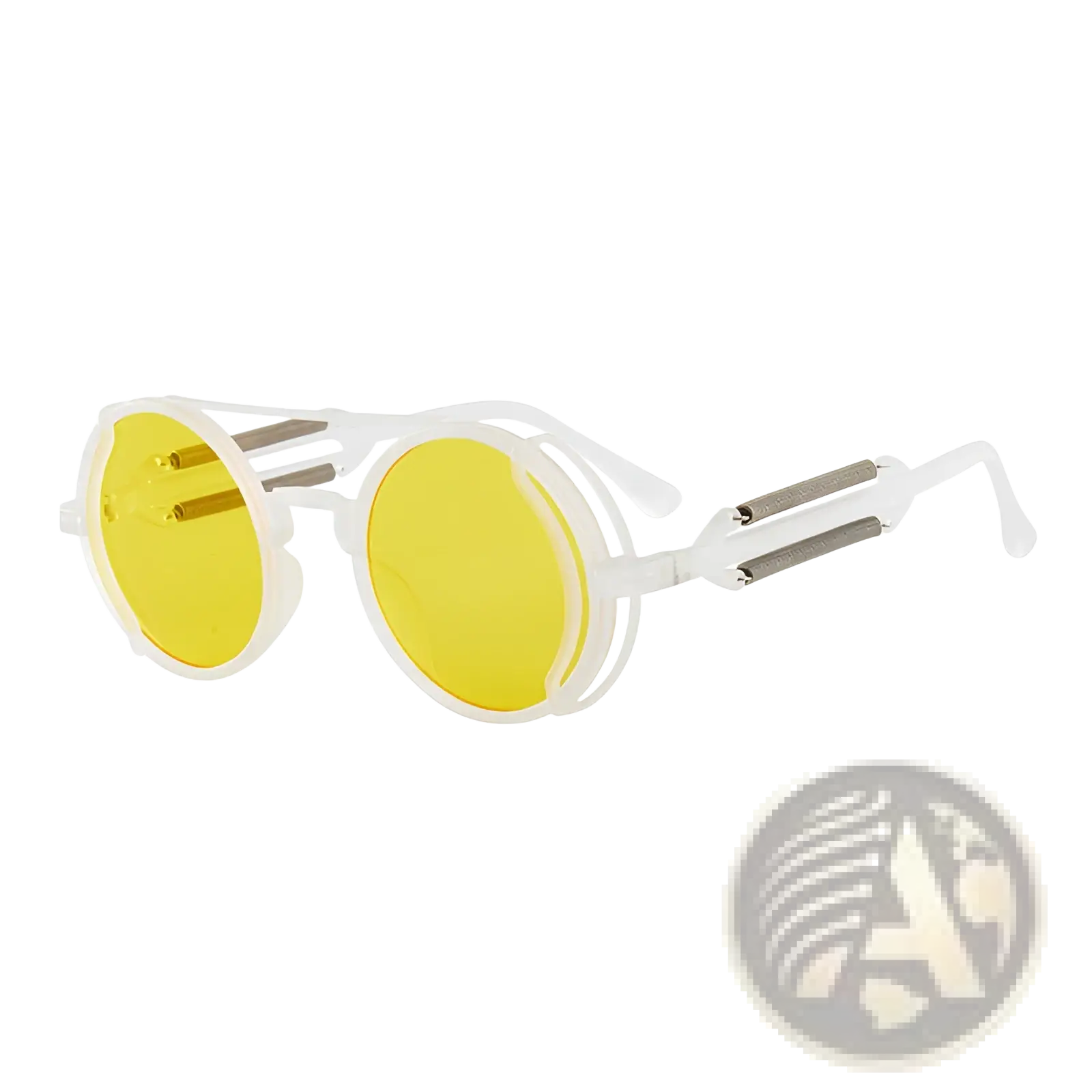 Steampunk round sunglasses with white frames, vibrant yellow lenses, and metallic spring accent temples