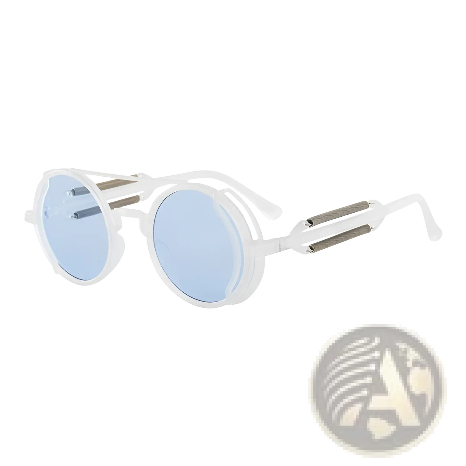 Steampunk round sunglasses with white frames light blue lenses and metallic textured accents on double spring legs