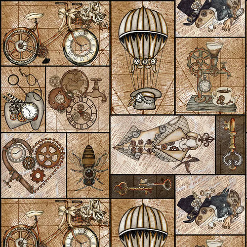 Vintage sepia steampunk flared skater skirt small featuring sepia illustrations of bicycles balloons gears and clocks on fabric