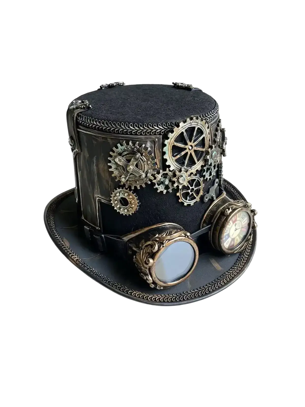 Black steampunk top hat adorned with intricate brass gears and vintage-style goggles for cosplay or fashion wear