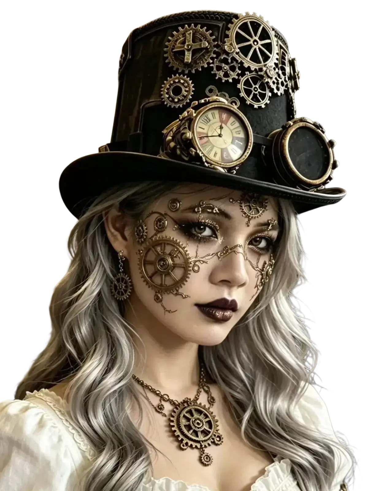 Black steampunk top hat adorned with brass gears and a clock face featuring integrated goggles and decorative elements