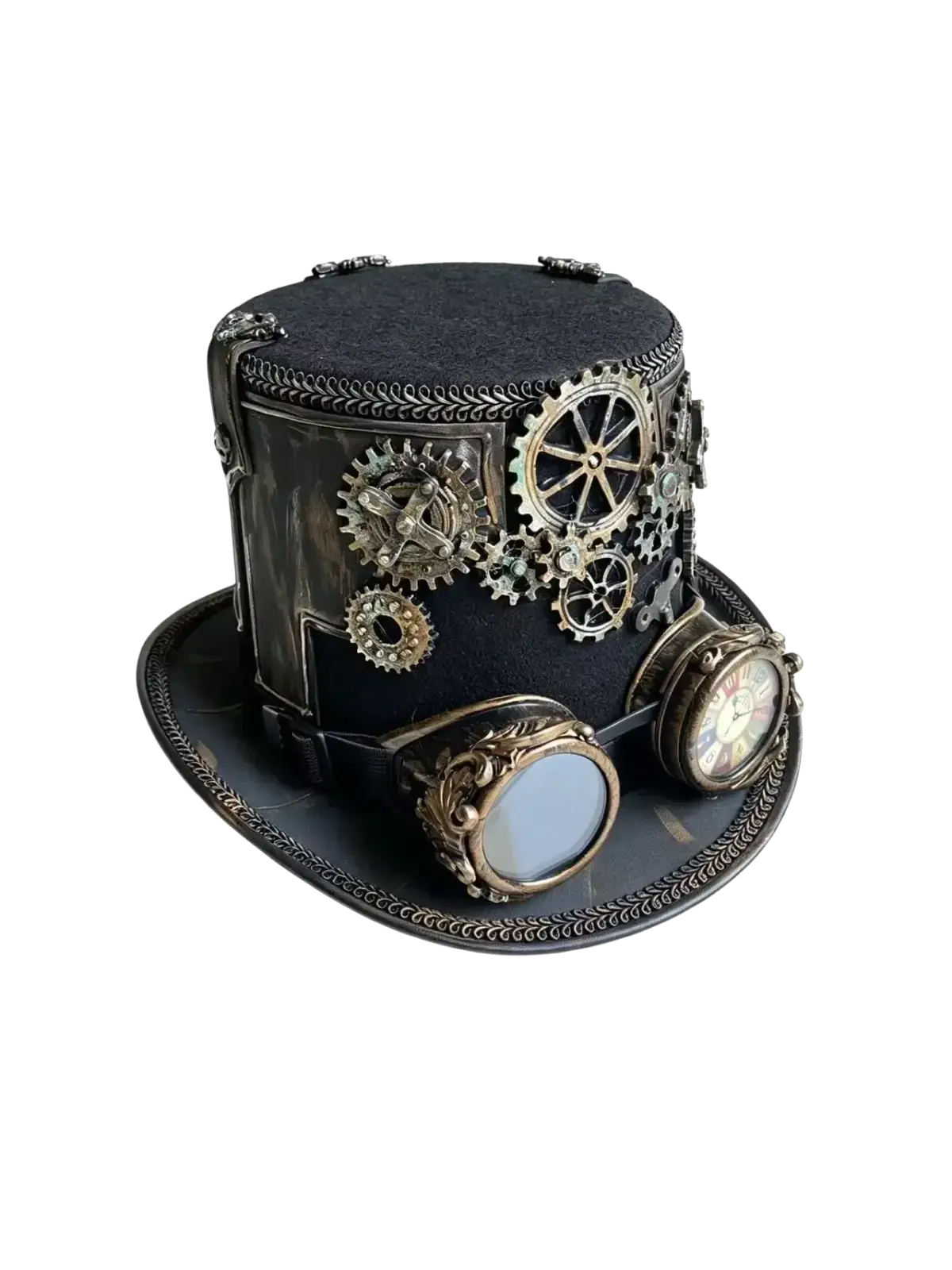 Black steampunk top hat adorned with brass gears and silver details featuring ornate goggles on the brim