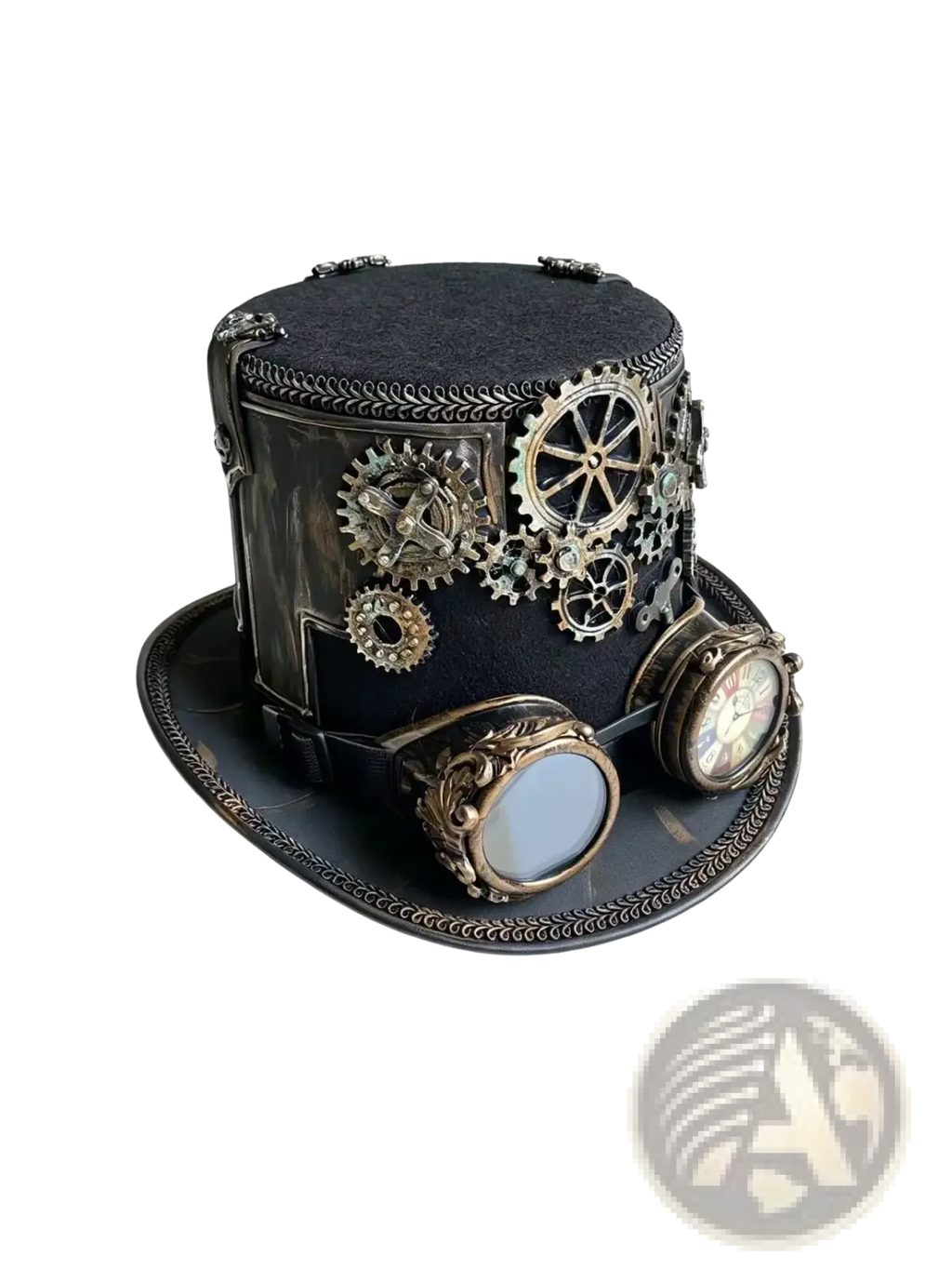 Black steampunk top hat made of leather adorned with brass gears and ornate goggles for stylish cosplay use