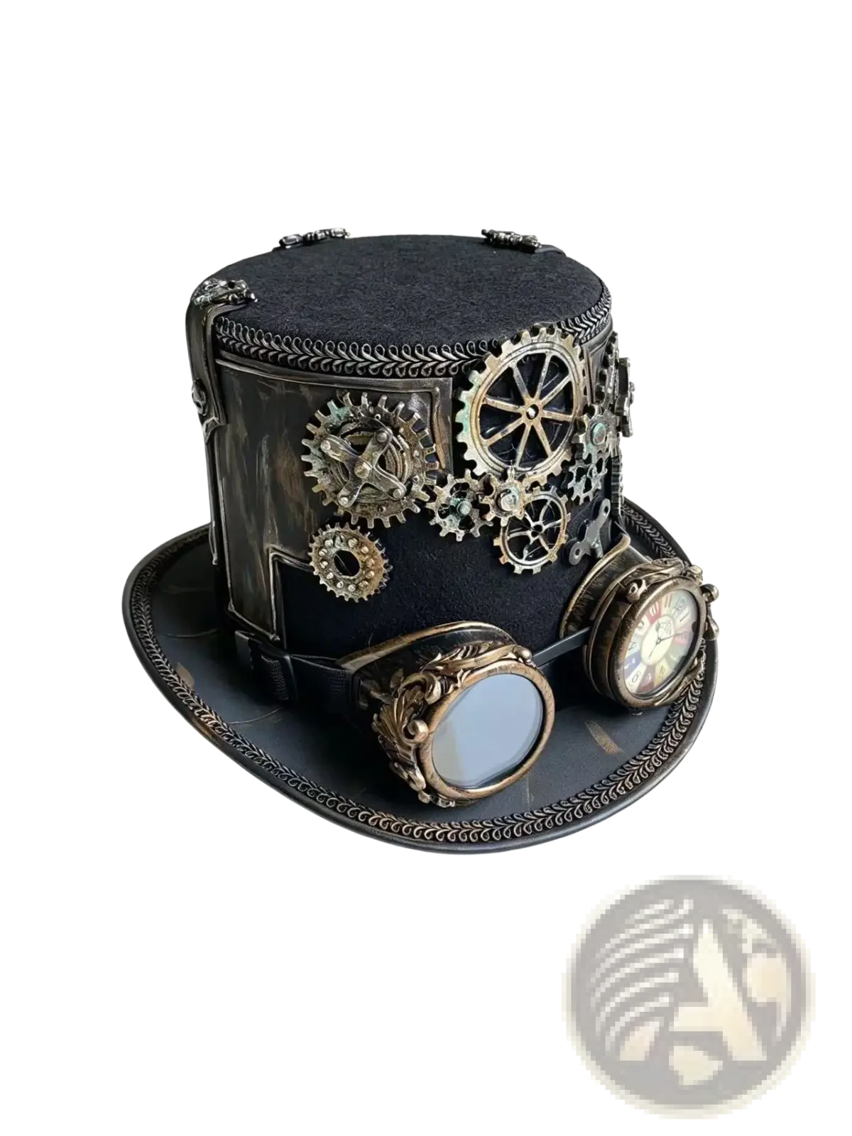 Black steampunk top hat made of leather adorned with brass gears and ornate goggles for stylish cosplay use
