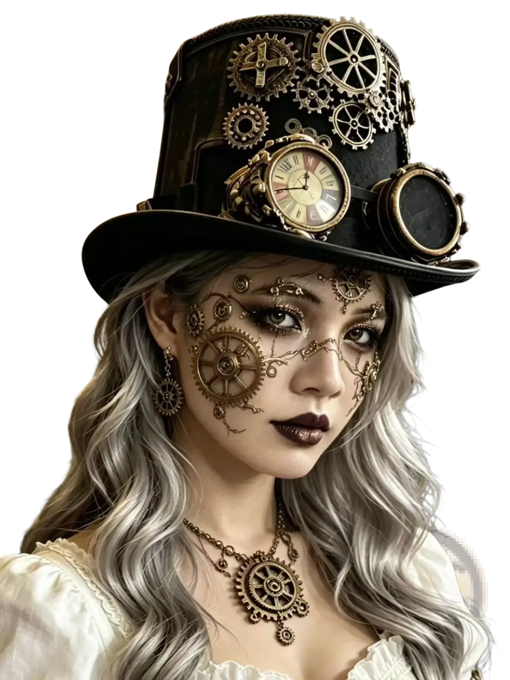 Black steampunk top hat made of fabric featuring brass gears, a clock face, and attached goggles