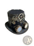 Black steampunk top hat made of leather with brass gears and ornate goggles for vintage costume or cosplay