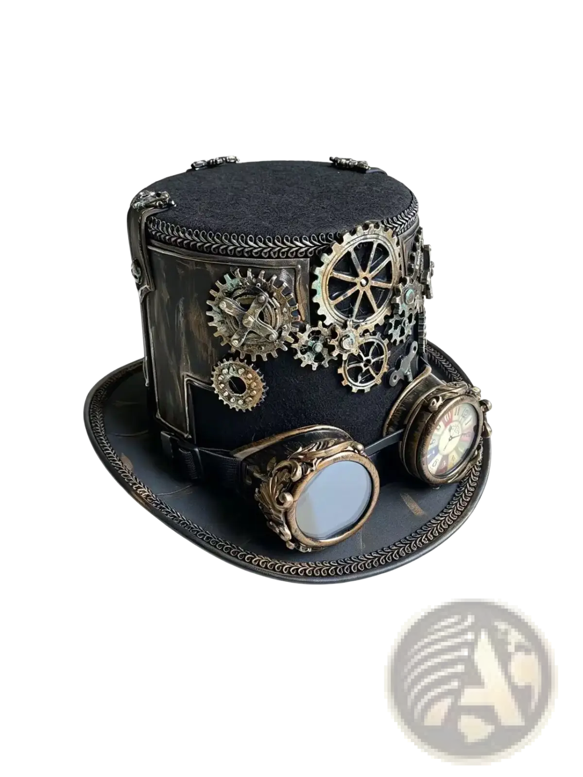 Black steampunk top hat made of leather with brass gears and ornate goggles for vintage costume or cosplay