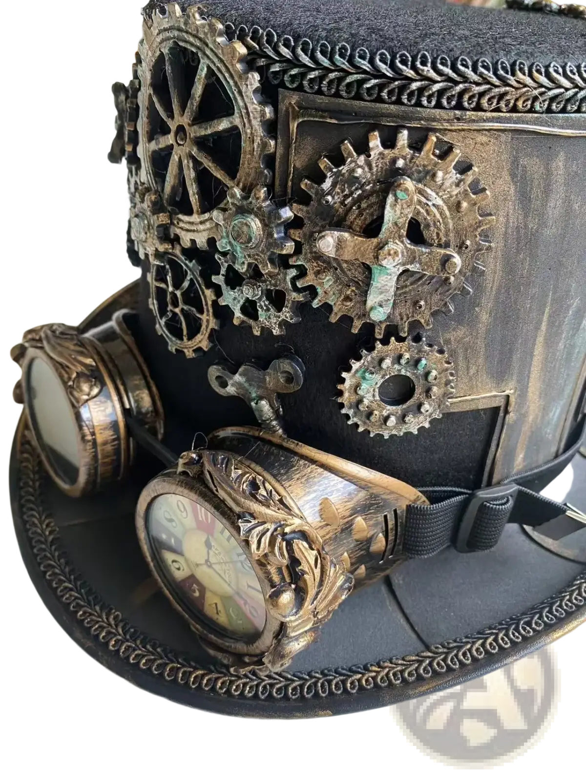 Steampunk top hat with brass and copper gears vintage clock face and ornate goggles for costume or cosplay use