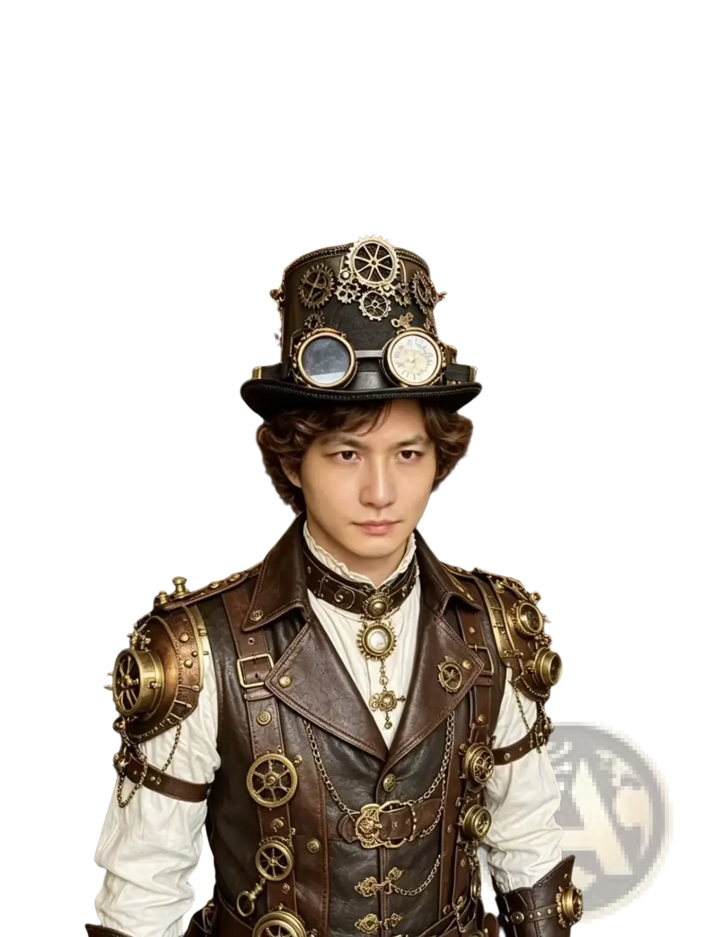 Steampunk top hat in black leather adorned with brass gears and two circular clock faces with goggles