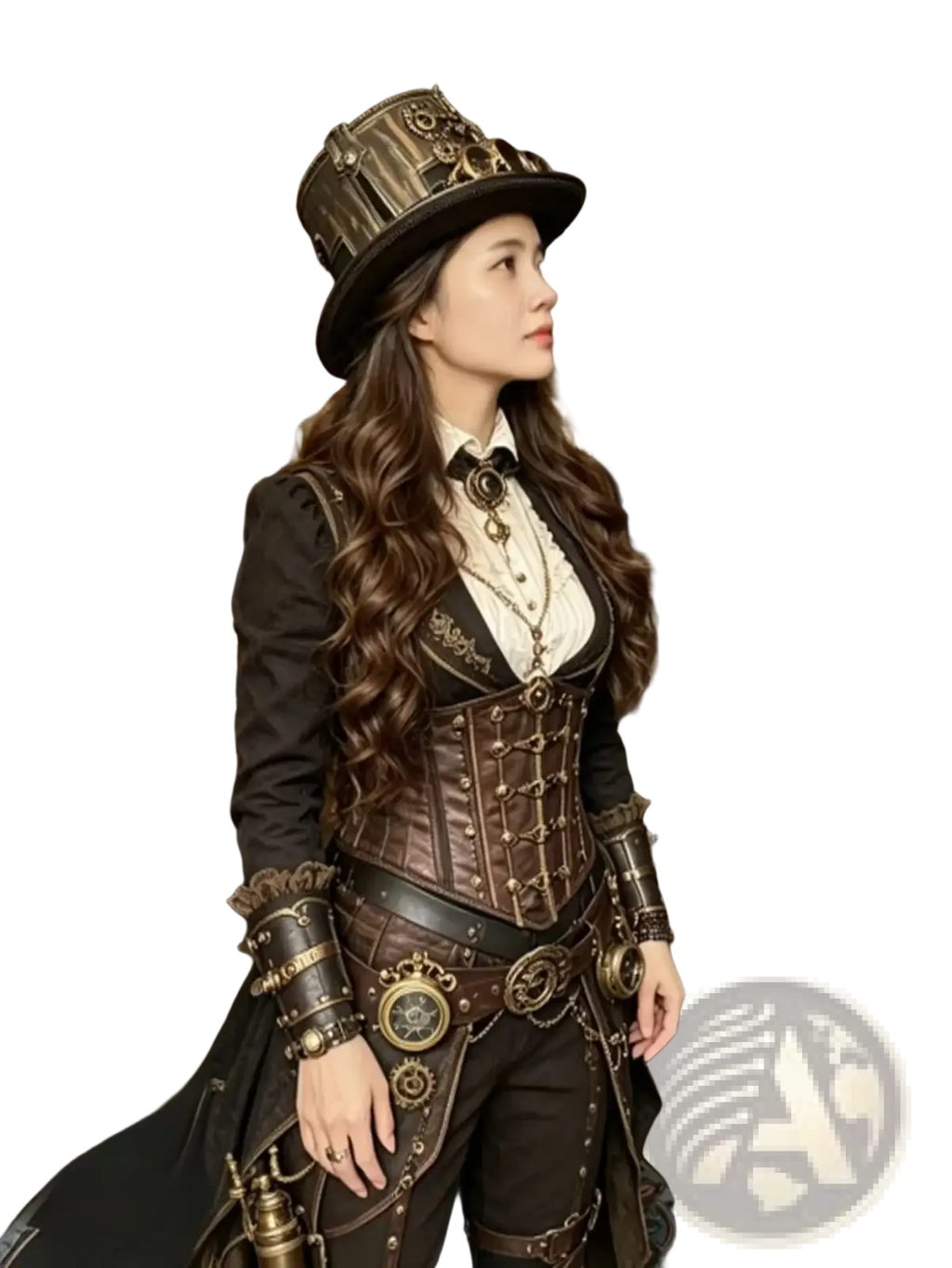 Steampunk top hat with goggles and gears paired with a brown leather corset featuring brass gear and buckle accents