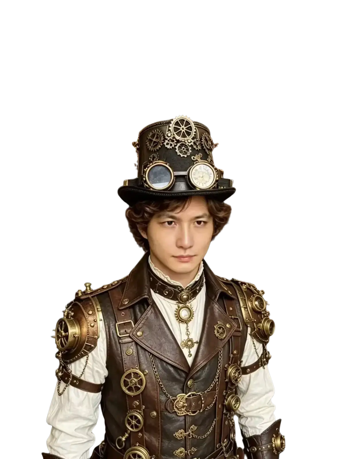 Brown leather steampunk top hat adorned with brass gears and two circular clock faces for black steampunk style