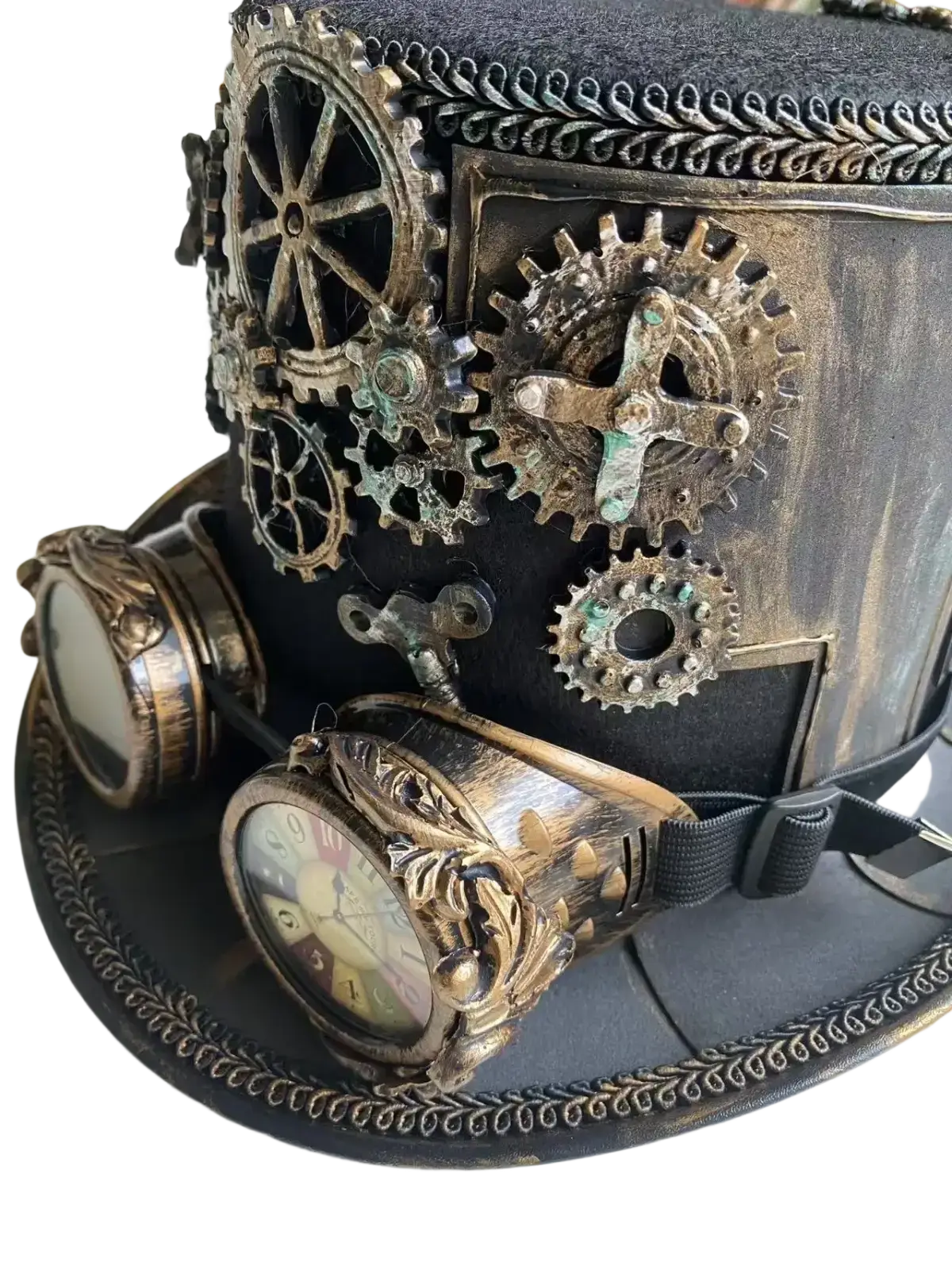 Steampunk top hat adorned with brass gears, black textured fabric, and vintage clock face mechanical detailing