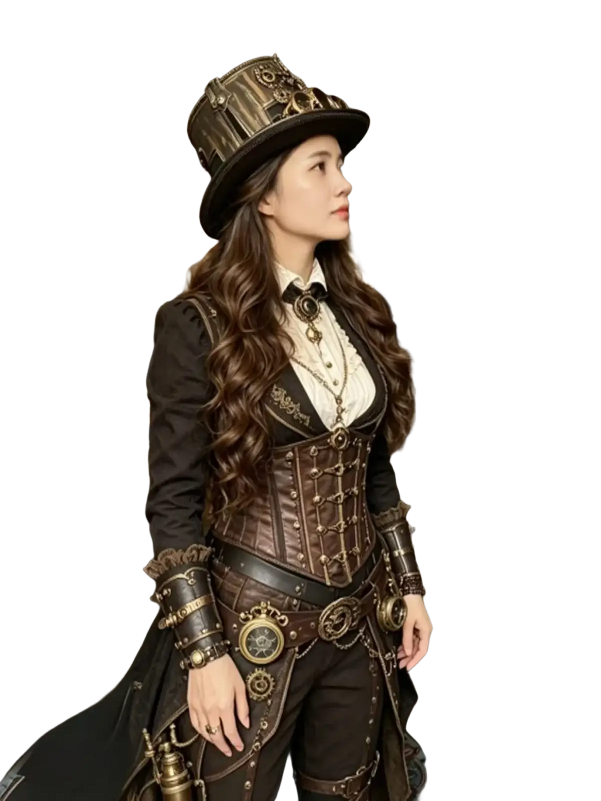 Steampunk top hat with goggles and gears paired with a brown leather corset featuring brass gear and buckle accents