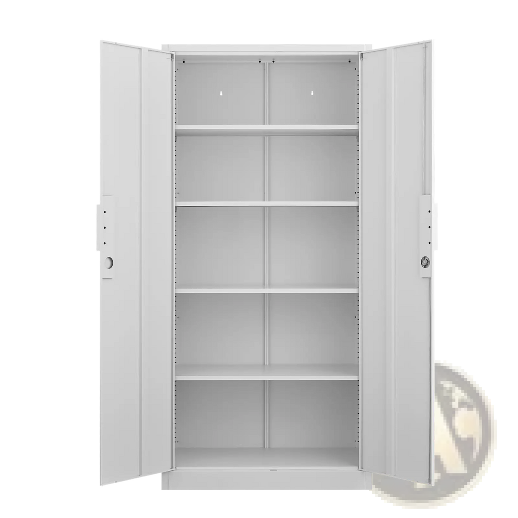 White steel file cabinet 70 inch with two lockable doors and four adjustable shelves for secure storage