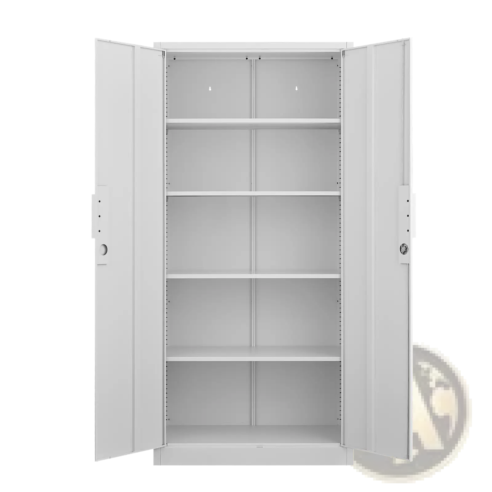 White steel file cabinet 70 inch with two lockable doors and four adjustable shelves for secure storage