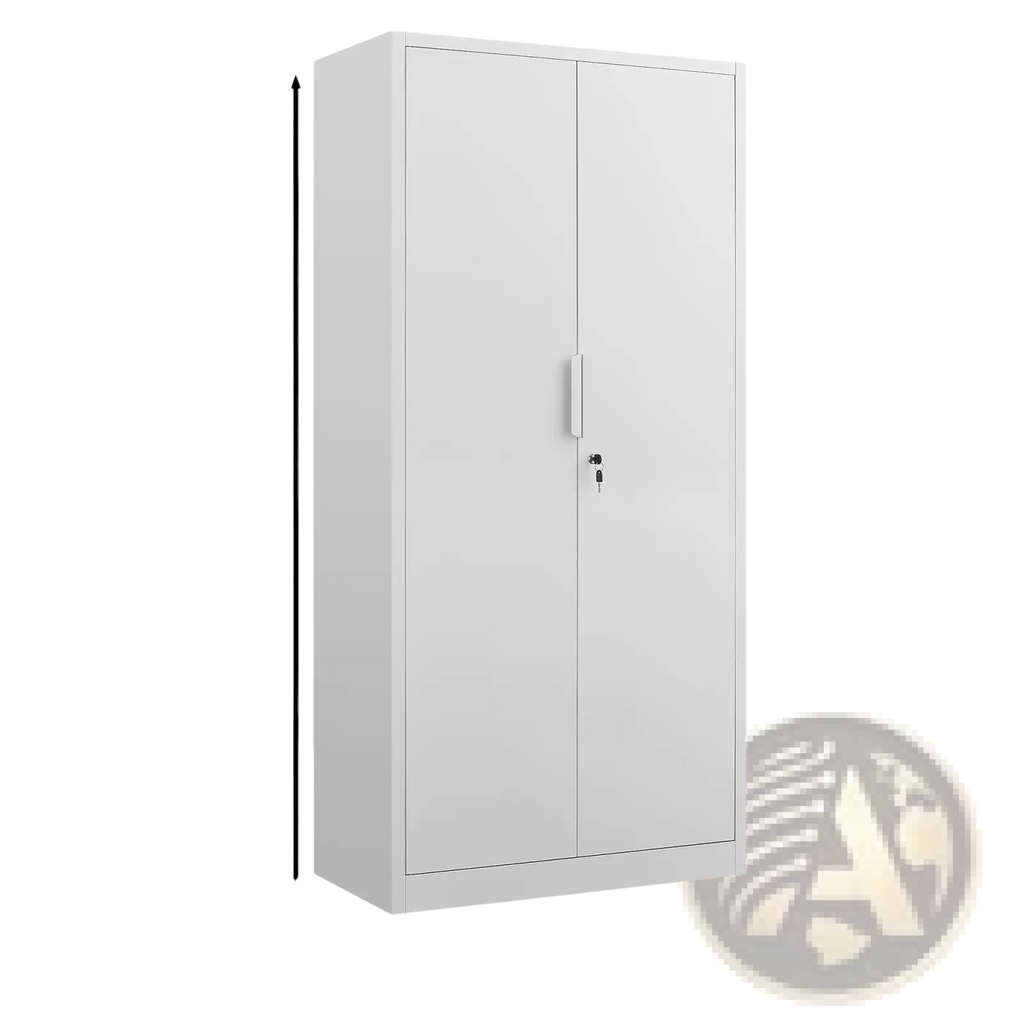 White metal two-door lockable steel file cabinet with vertical handles and key locks for secure storage