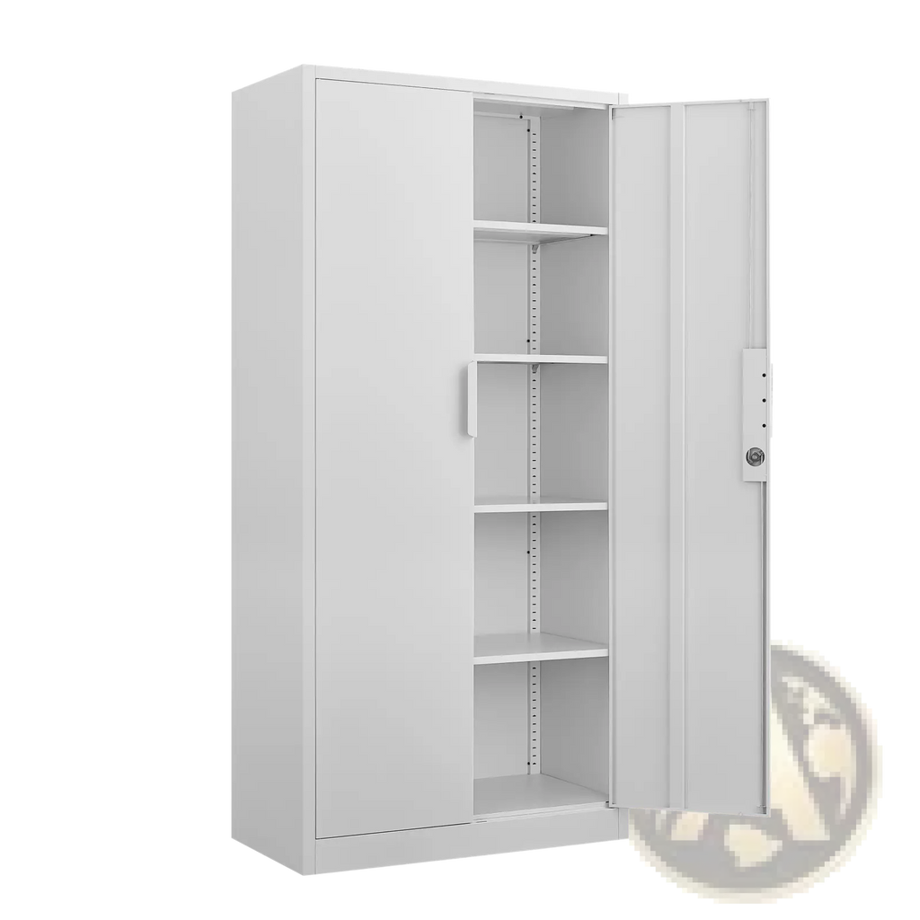 White steel file cabinet 70 inch with two lockable doors and four adjustable shelves for secure storage