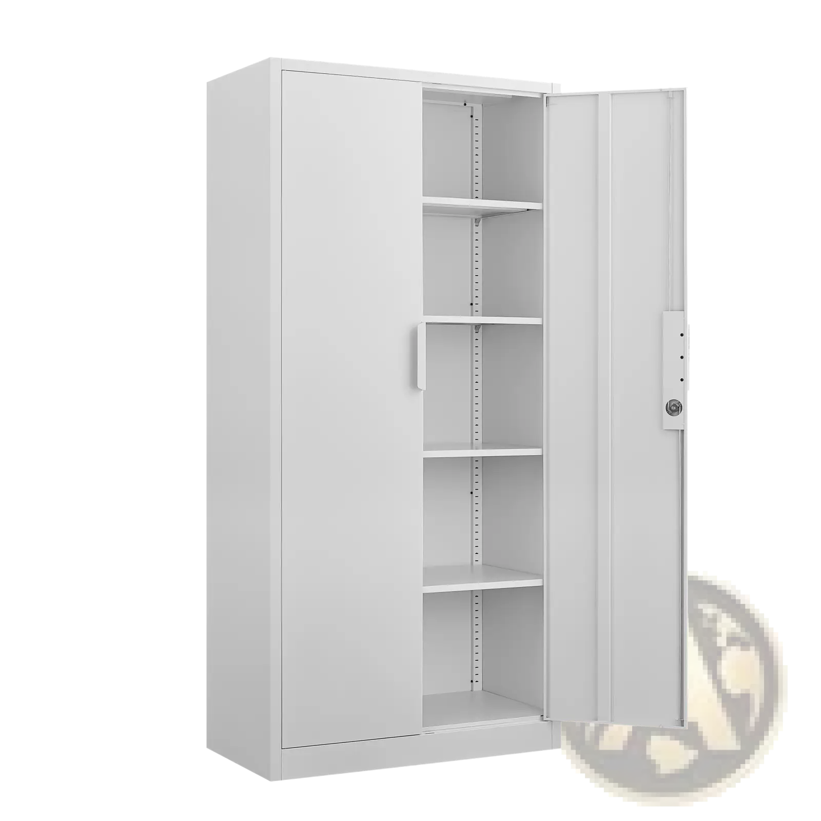 White steel file cabinet 70 inch with two lockable doors and four adjustable shelves for secure storage